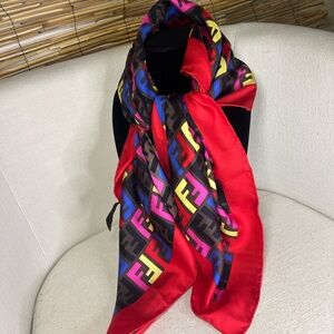 Fendi Multicolor Logo Silk Scarf with Red Border